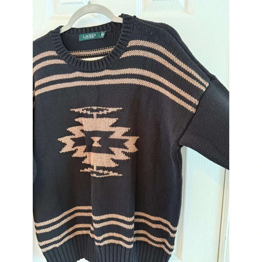 Lauren Ralph Lauren XL Southwestern Sweater Black Tan Aztec Cotton Wool